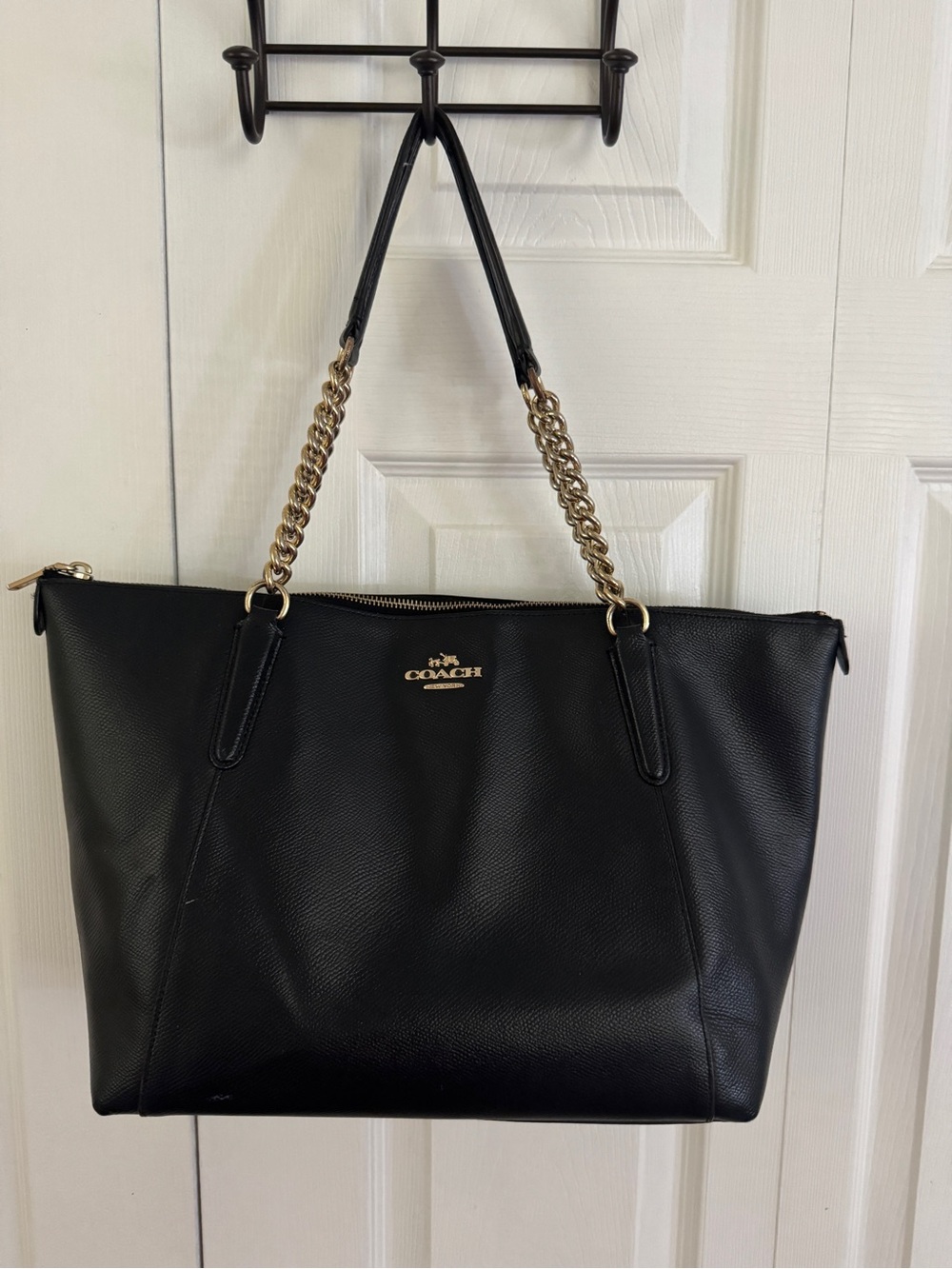 COACH Black Pebble Leather AVA Tote with Gold Chain Straps